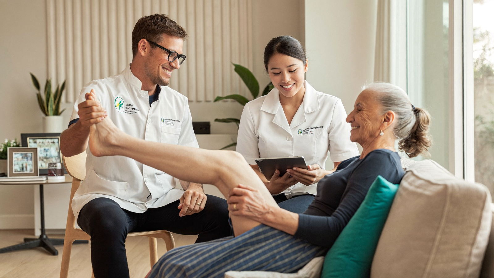 Equipe de fisioterapeutas da Checkup Fisio em atendimento domiciliar real com paciente idosa