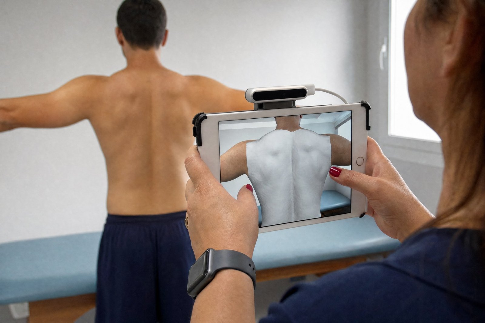 Fisioterapeuta escaneando as costas do paciente com um tablet e sensor 3D, com o modelo do tronco sendo capturado na tela