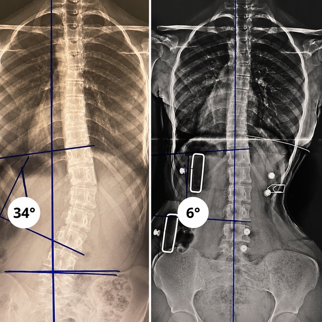 Radiografia de escoliose antes e depois do Método S4D: redução da curva de 34 para 6 graus