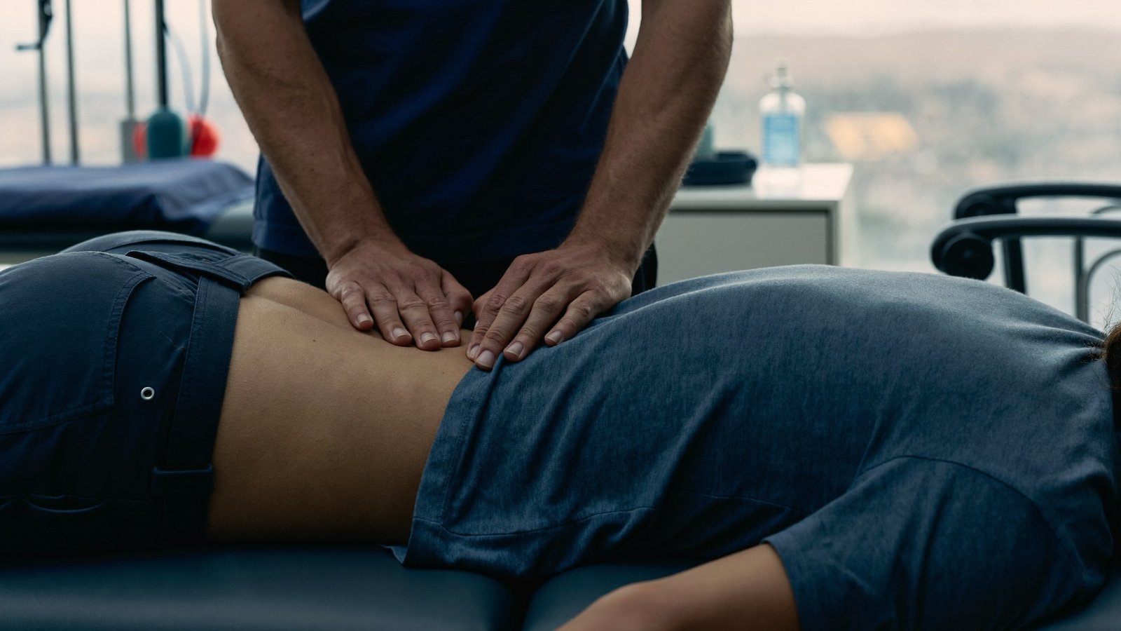 Fisioterapeuta realizando terapia manual para hérnia de disco em uma paciente na clínica Checkup Fisio