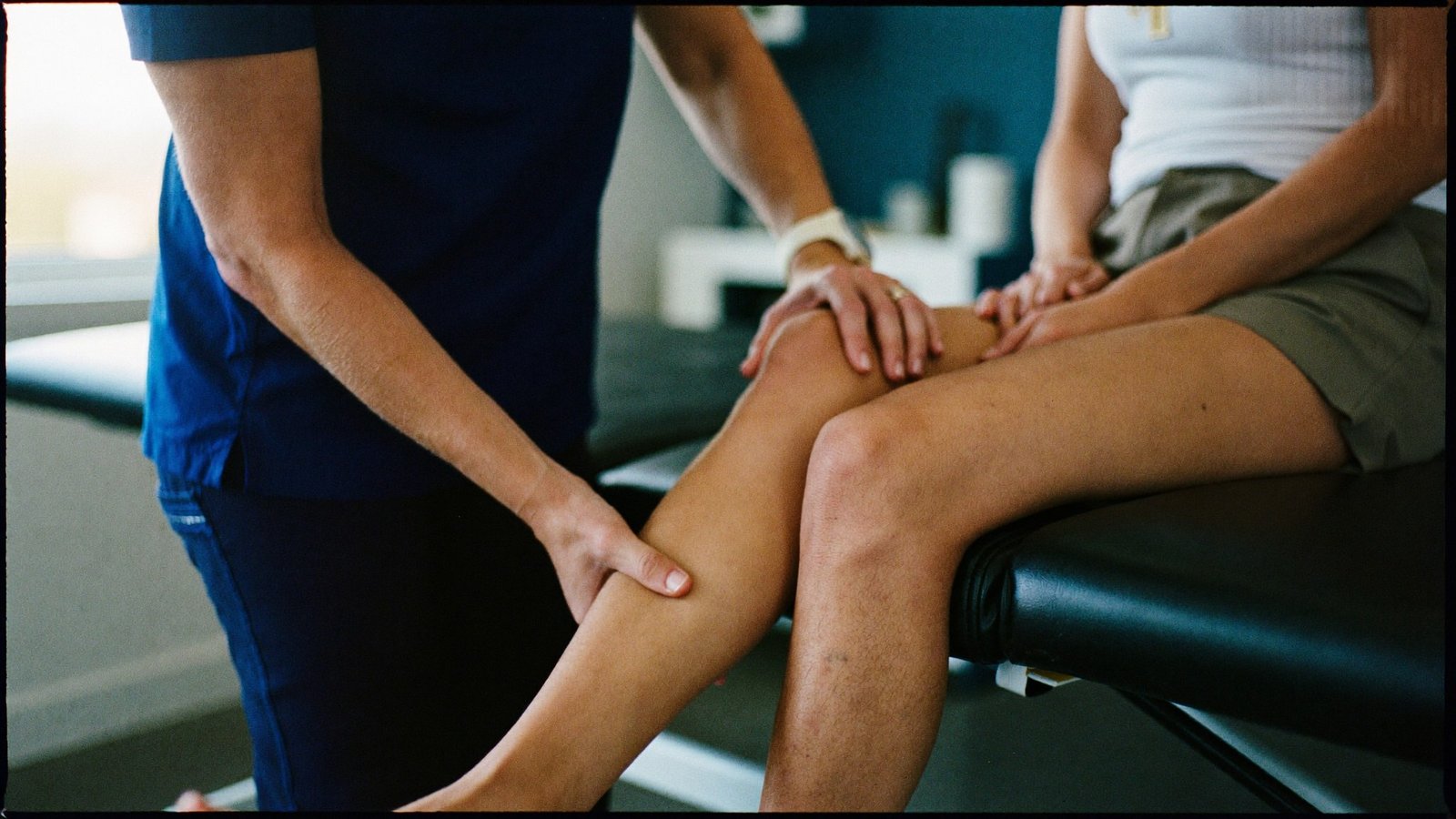 Fisioterapeuta realizando terapia manual na joelho de uma paciente na clínica Checkup Fisio