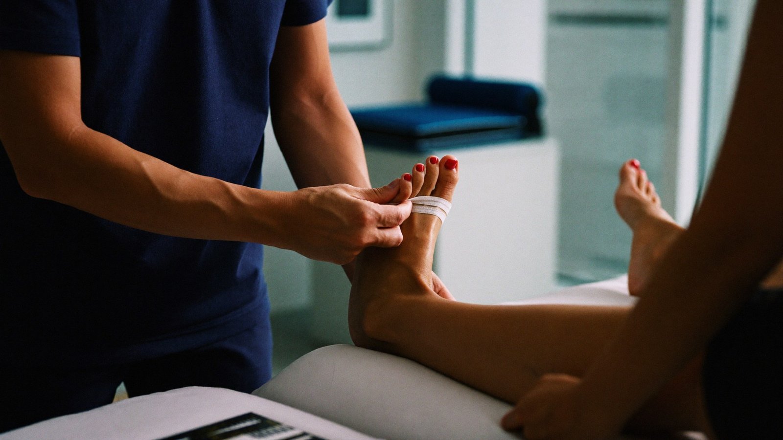 Fisioterapeuta realizando terapia manual no tornozelo de uma paciente na clínica Checkup Fisio