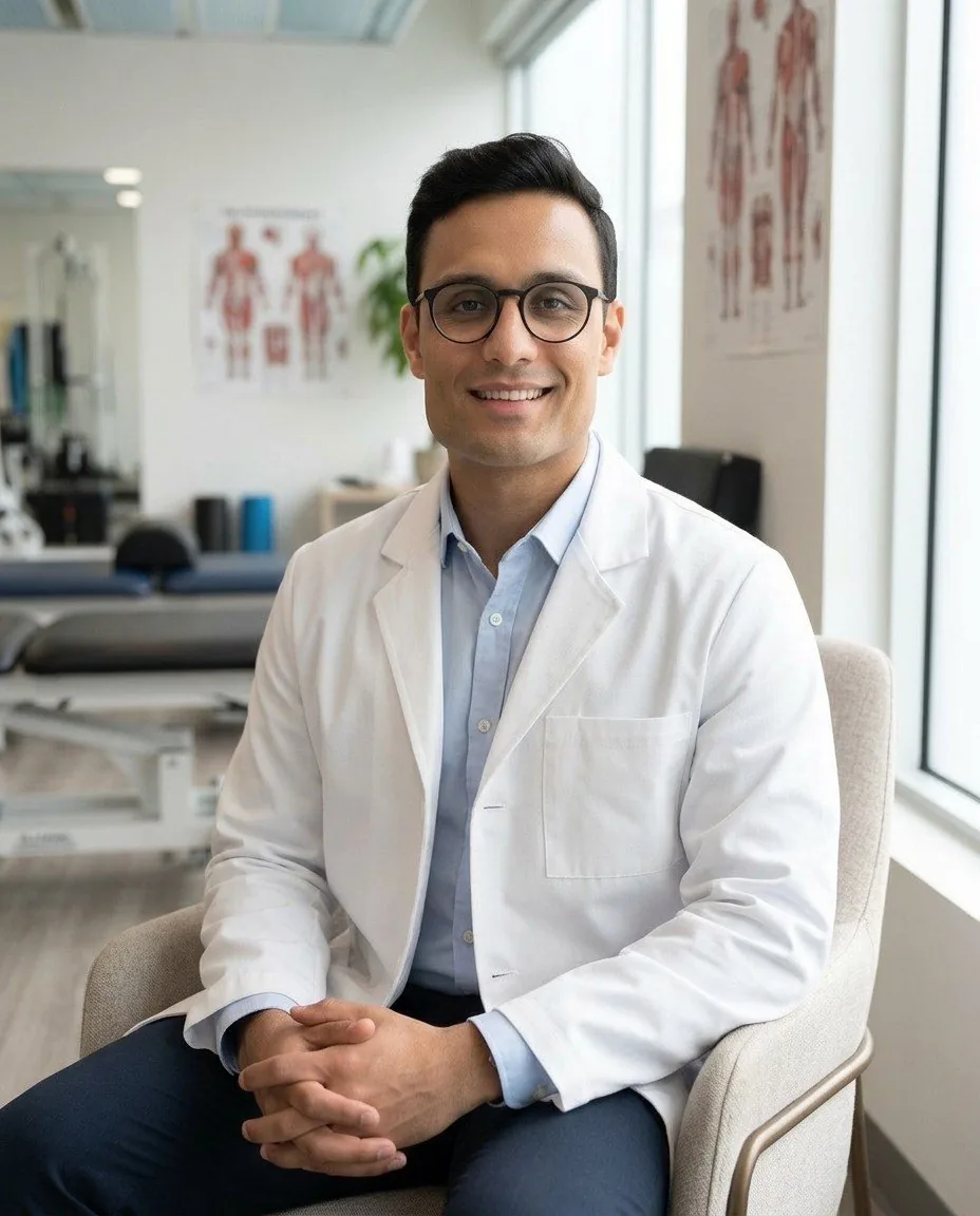 Dr. Vinicius Martins, responsável técnico da Checkup Fisio, sentado na clínica