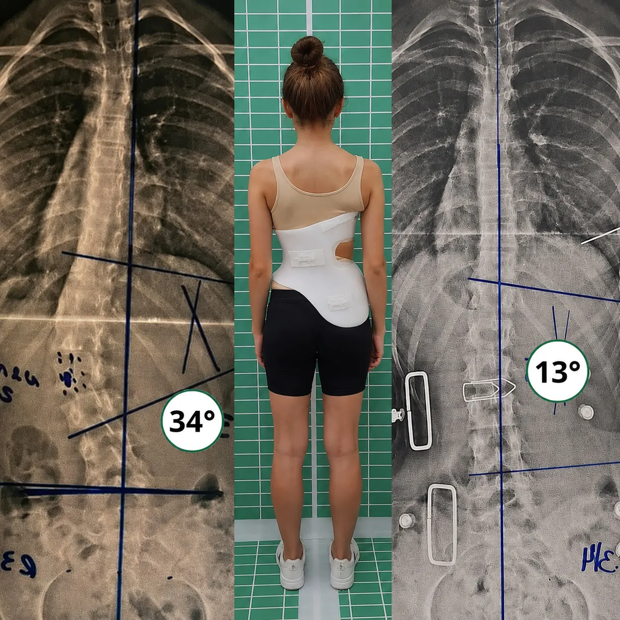 Escoliose antes e depois com colete 3D e Método S4D: redução da curva de 34 para 13 graus