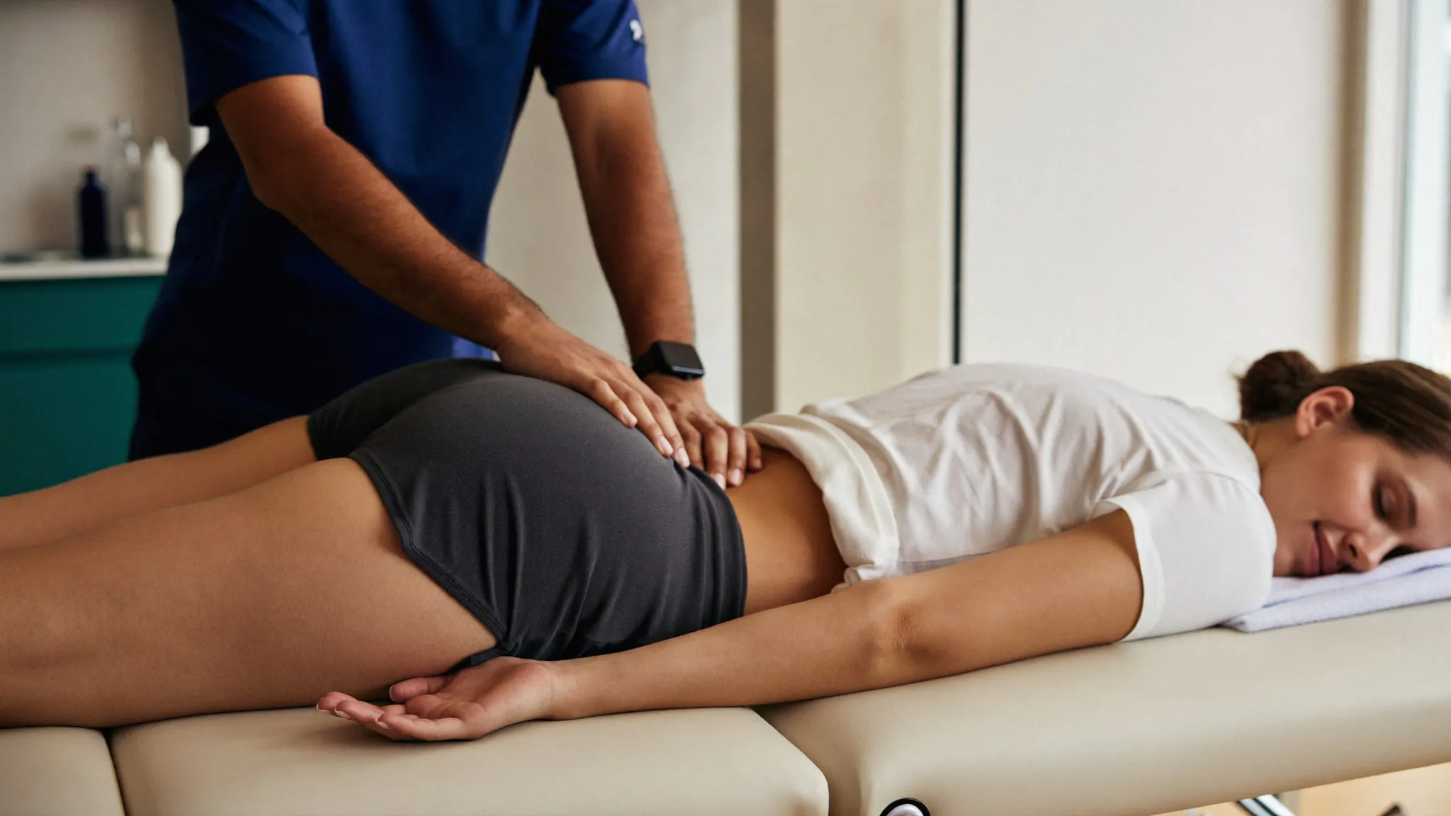 Fisioterapeuta realizando terapia manual para nervo ciático em uma paciente na clínica Checkup Fisio