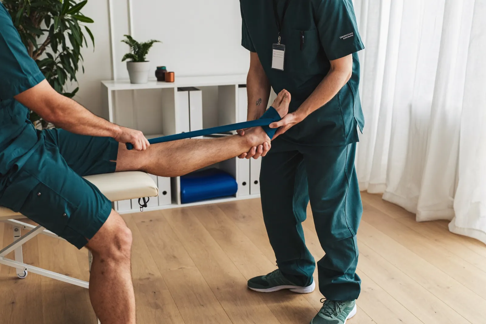 Fisioterapeuta guiando um paciente em exercício de reabilitação pós-operatória