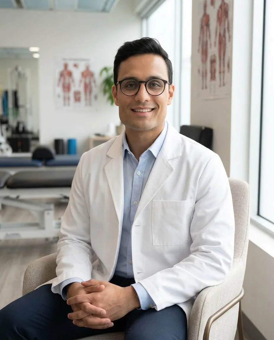 Dr. Vinicius Martins, responsável técnico da Checkup Fisio, sentado na clínica